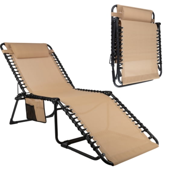 Lavish Home Outdoor Chaise Lounger Chair – 3-Position Folding Recliner with Pillow & Pocket, Beige