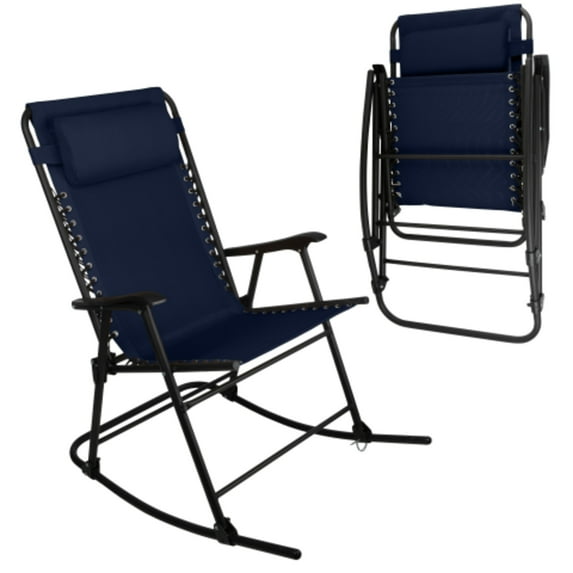 Lavish Home Outdoor Rocking Chair – Foldable Camping Chair with Pillow, Bungee Support and 309 lbs Capacity, Navy Blue