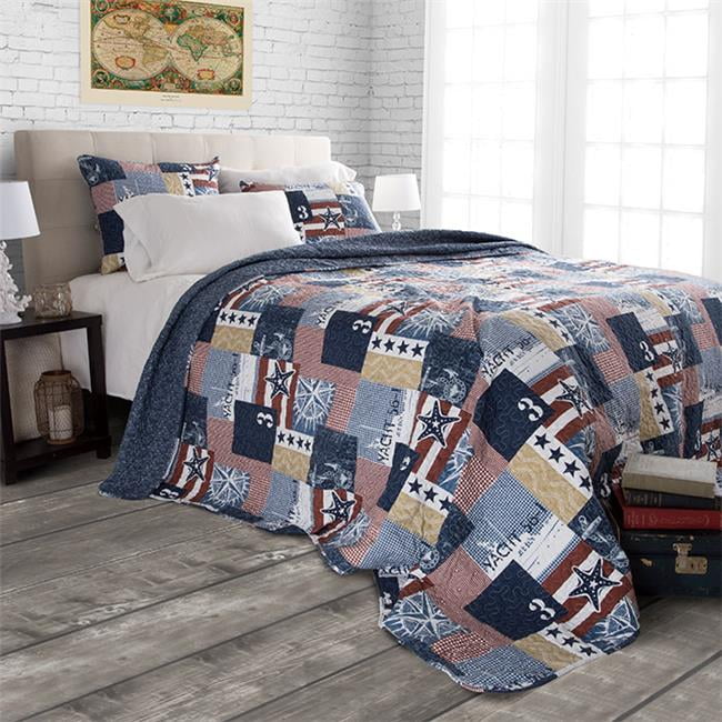 King Blue Microfiber Reversible Nautical Americana Quilt Set
