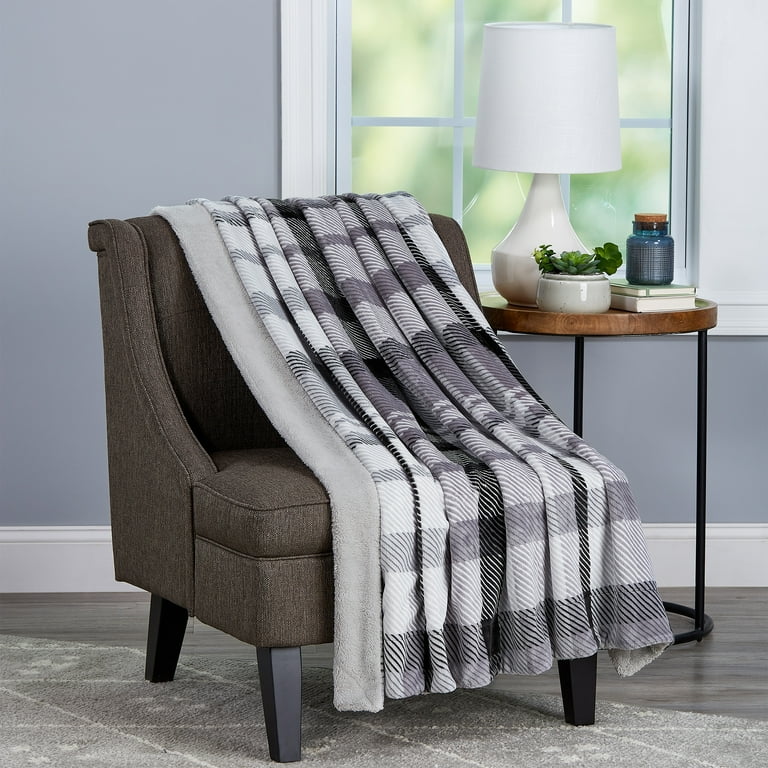 Lavish Home Poly Fleece Sherpa Sofa Throw Blanket Gray White Plaid
