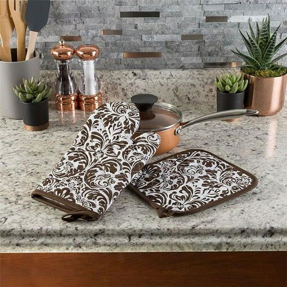 Lavish Home 69-07-C Quilted & Flame with Heat Resistant Oven Mitt Pot Holder Set, Chocolate