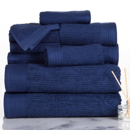 10-Piece Bath Towel Set - Luxurious 100% Cotton Ribbed Pile Absorbent Towels - Machine Washable Bathroom Set by Lavish Home (Navy)