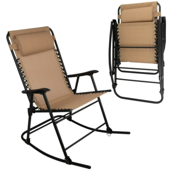 Lavish Home Outdoor Rocking Chair – Foldable Camping Chair with Pillow, Bungee Support and 309 lbs Capacity, Beige