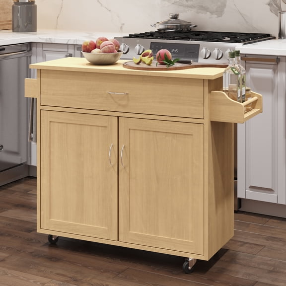 Lavish Home Rolling Kitchen Island with Spice Rack and Storage Cabinet, Oak