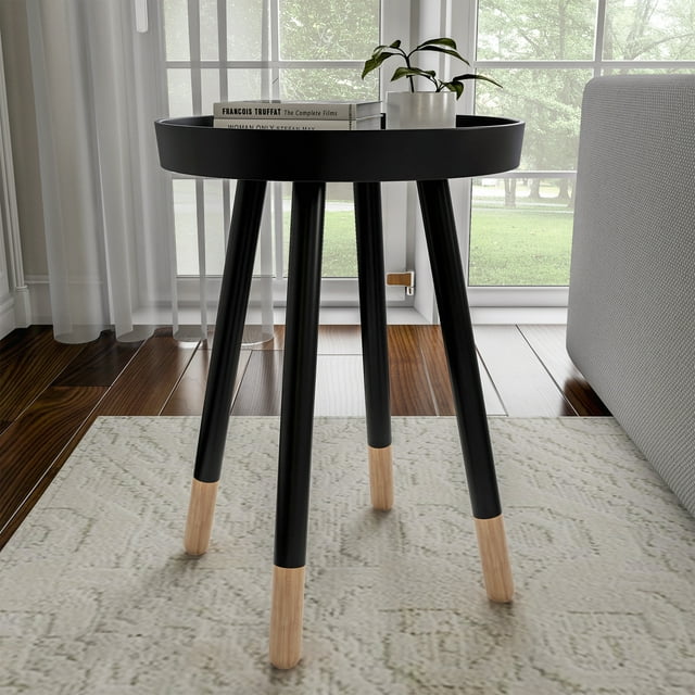 Lavish Home Round End Table with Removable Tray Top, Black