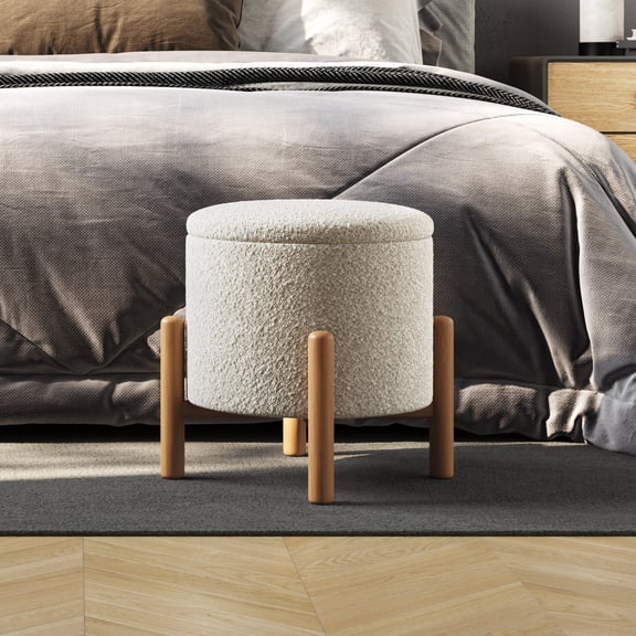 Lavish Home Round Ottoman with Removable Top for Storage (Light Gray)