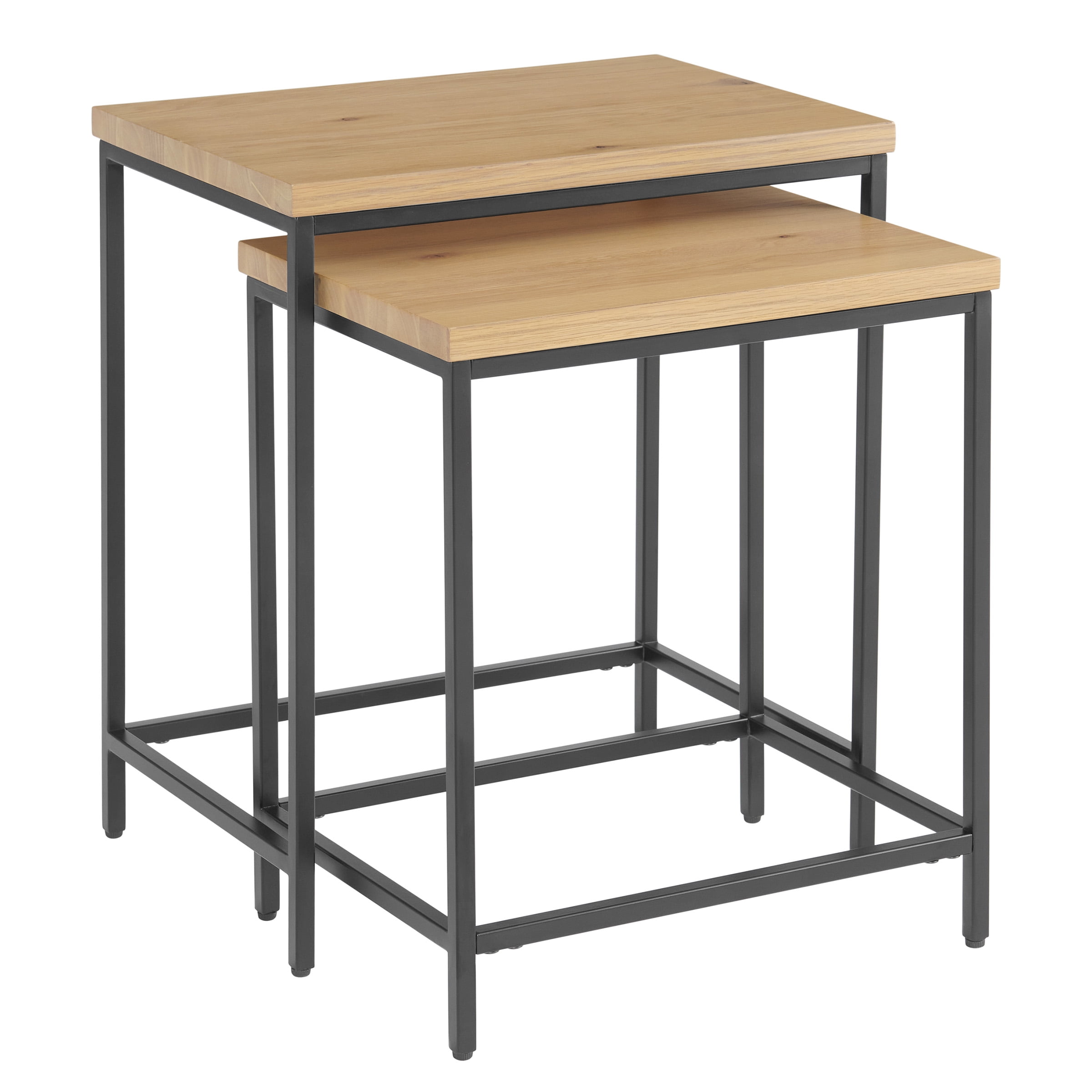 Lavish Home Set of 2 Modern Nesting Tables, End Tables for Living Room with Oak-Finished Top and Sturdy Metal Base