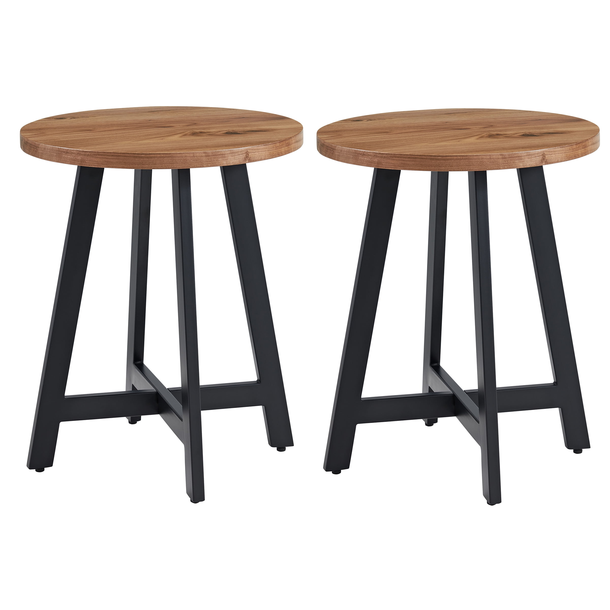 Set of 2 Walnut and Black Round Wood Metal Side Tables