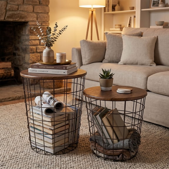 Lavish Home Nesting Basket End Tables Set of 2 for Blanket Storage, Brown