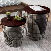 Nesting Tables with Storage ? Set of 2 Convertible Round Metal Basket Living Room Tables