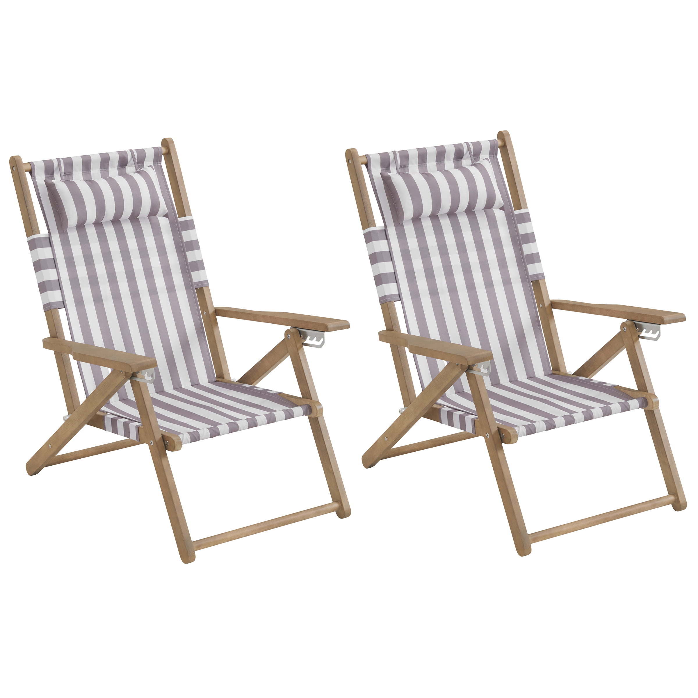 Lavish Home Set of 2 Folding Beach Chairs – 4-Position Recliners with Carry Straps, Brown Stripe