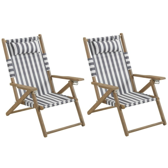 Lavish Home Set of 2 Folding Beach Chairs – 4-Position Recliners with Carry Straps, Gray Stripe