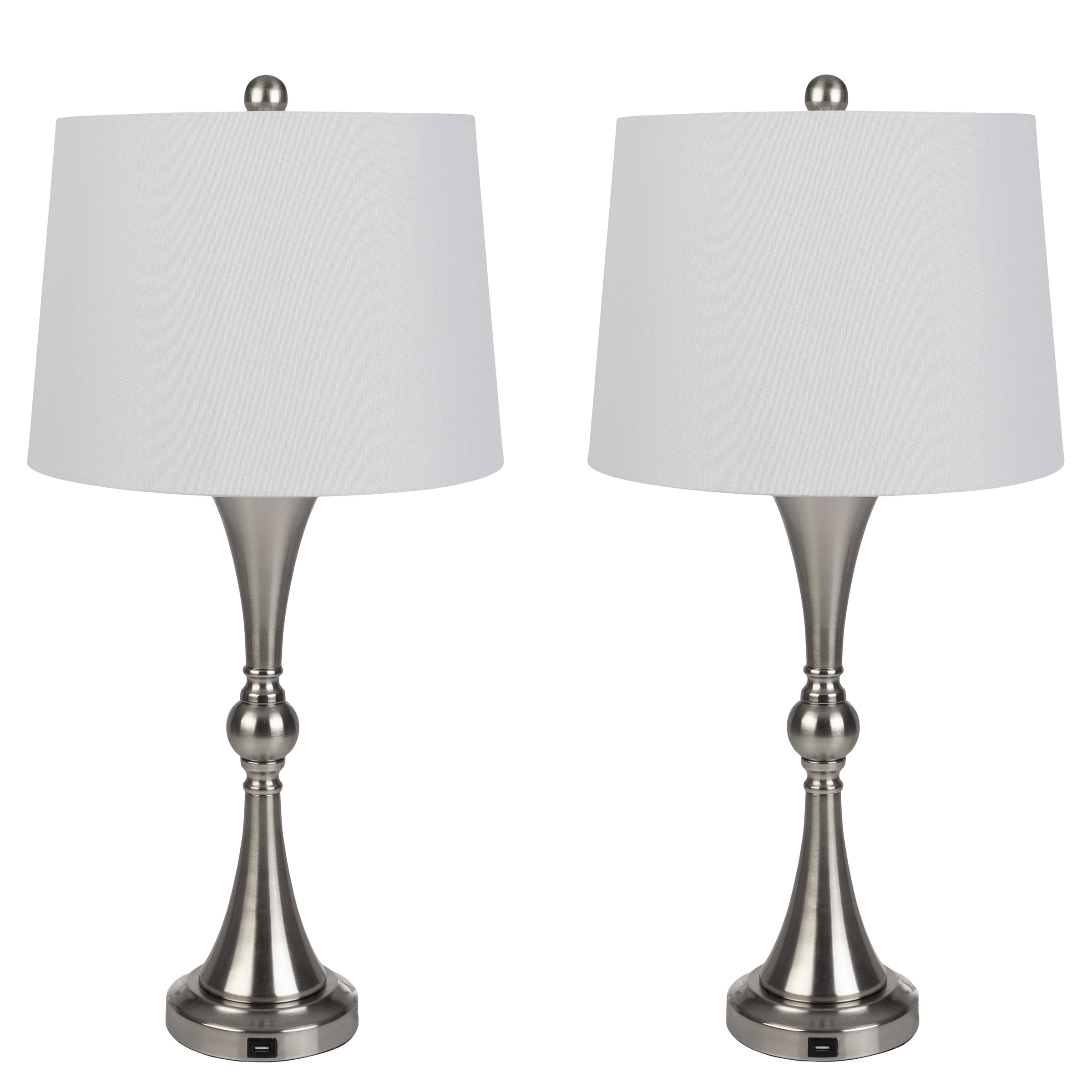 Lavish Home Set of 2 Table Lamps with USB Charging Ports (Brushed Silver)