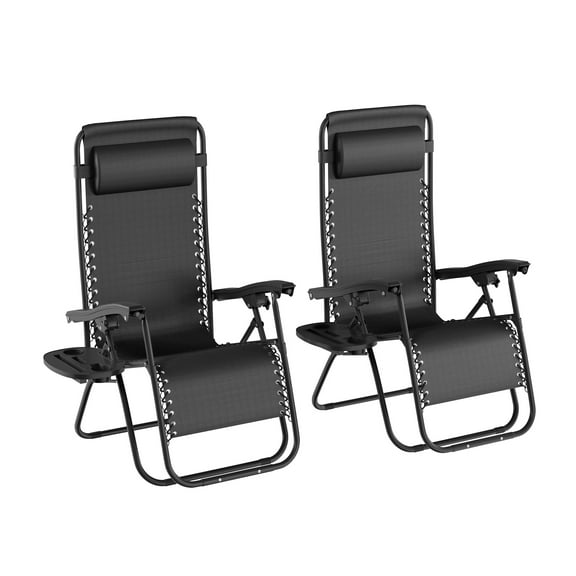 Lavish Home Zero Gravity Lounge Chairs, Set of 2 Folding Recliners with Side Table, Cup Holder & Pillow, Black
