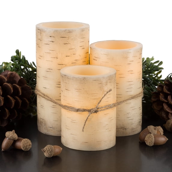 Lavish Home Set of 3 Birch Bark Flameless LED Pillar Candles with Remote Control and Timer