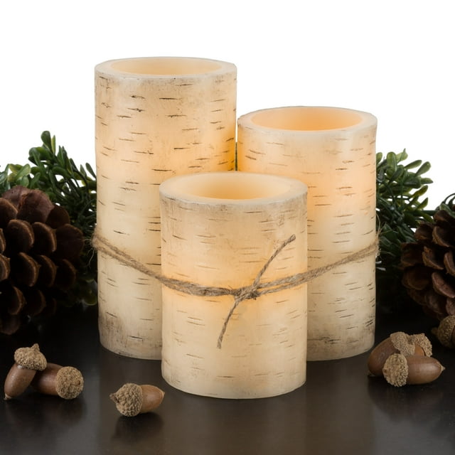 Lavish Home Set of 3 Birch Bark Flameless LED Pillar Candles with