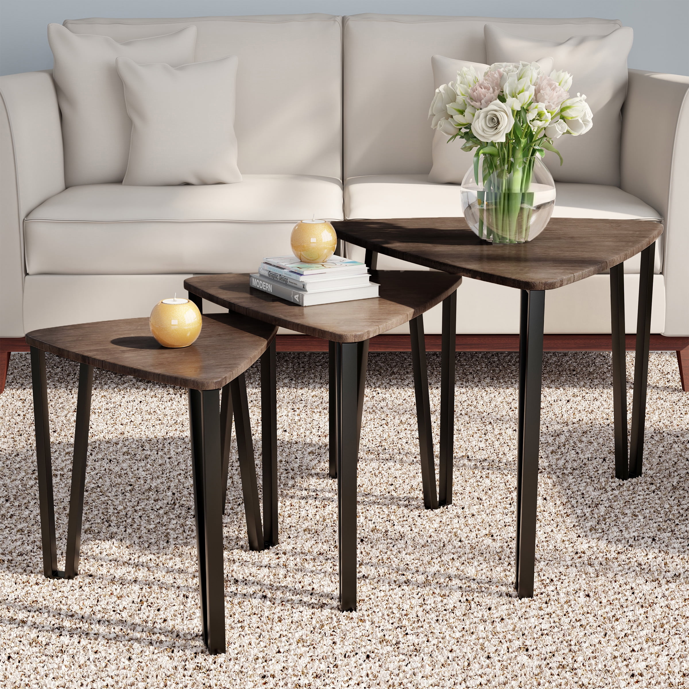 Lavish Home Set of 3 Modern Woodgrain Look Nesting Tables for