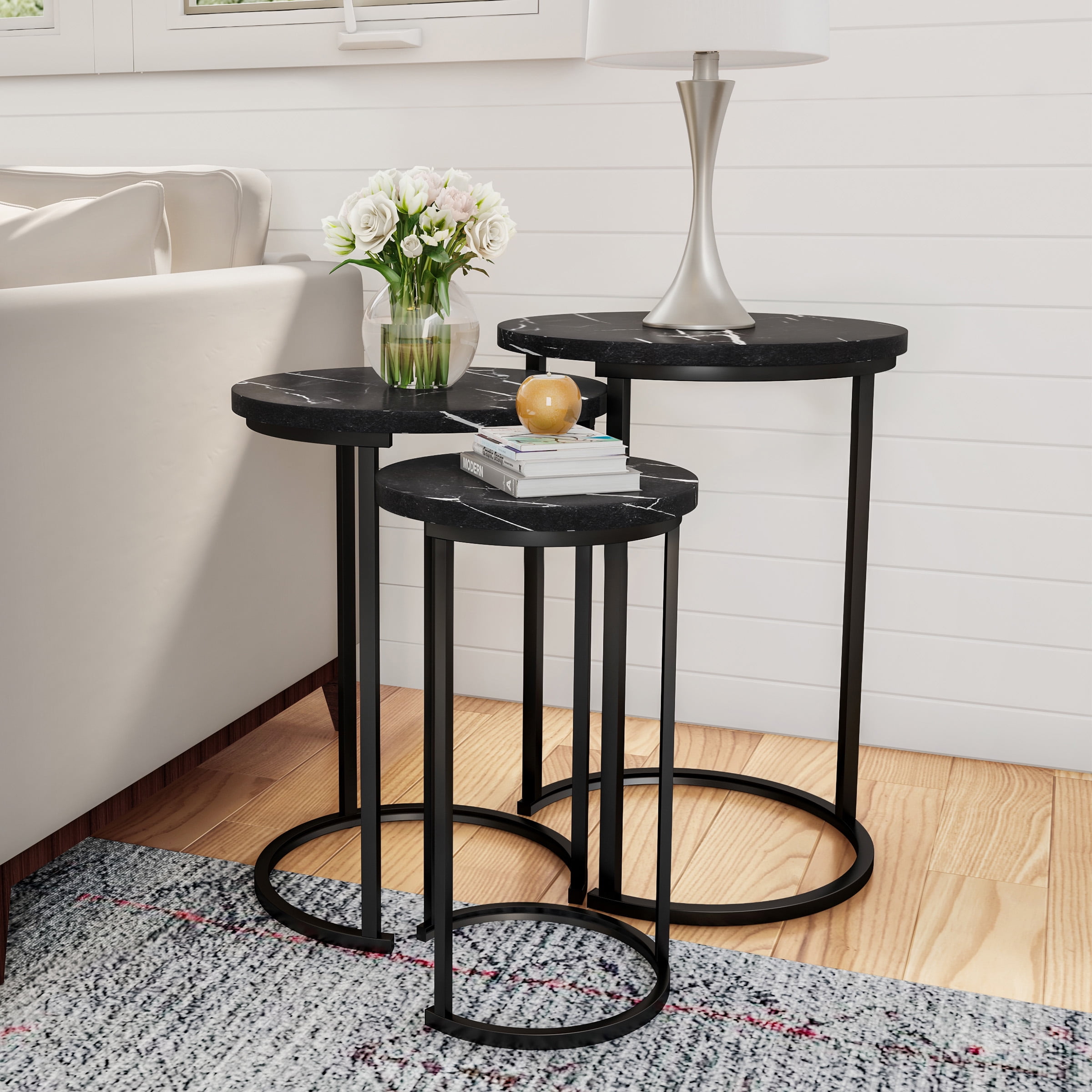 Lavish Home Set of 3 Round Nesting Tables for Living Room (Black Marble)