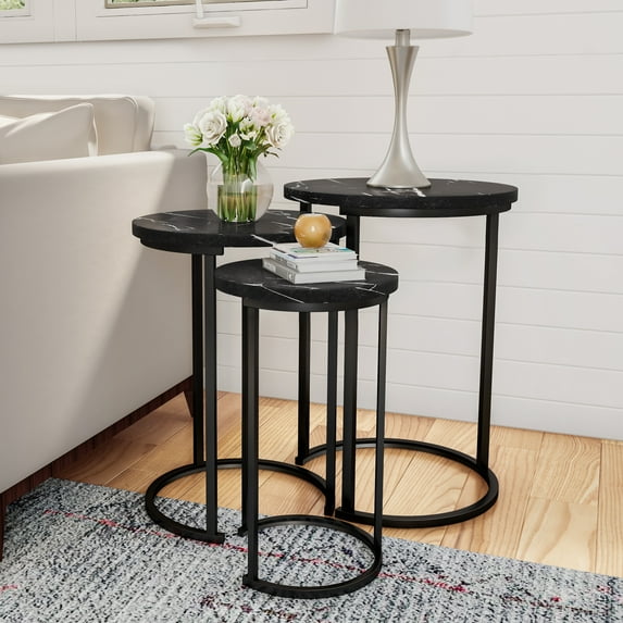 Lavish Home Set of 3 Round Nesting Tables for Living Room (Black Marble)