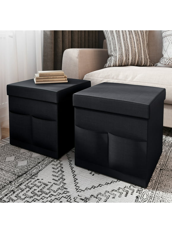 Lavish Home Set of Two 15-inch Folding Ottomans with Storage Pockets, Black