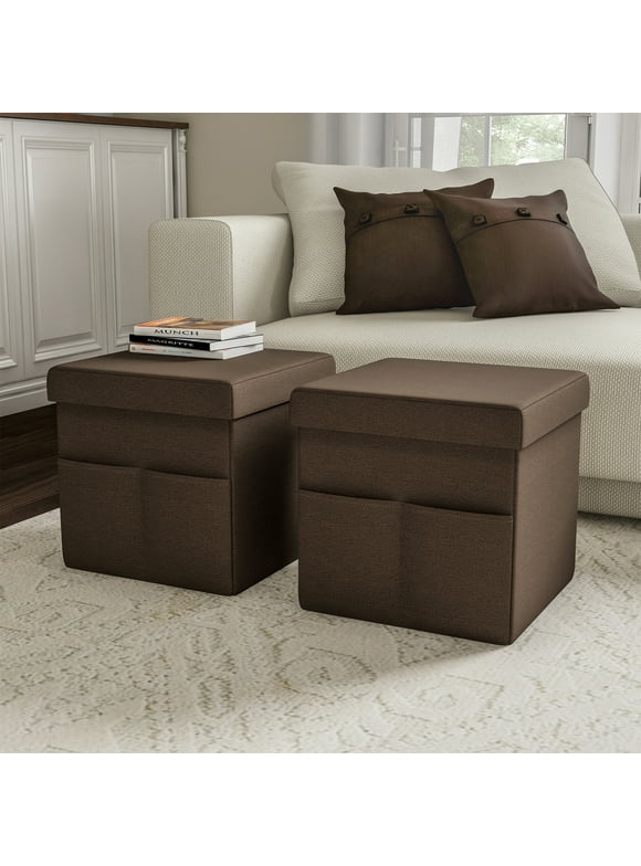 Lavish Home Set of Two 15-inch Folding Ottomans with Storage Pockets, Brown