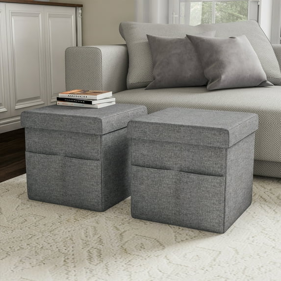 Lavish Home Set of Two 15-inch Folding Ottomans with Storage Pockets (Dark Gray)