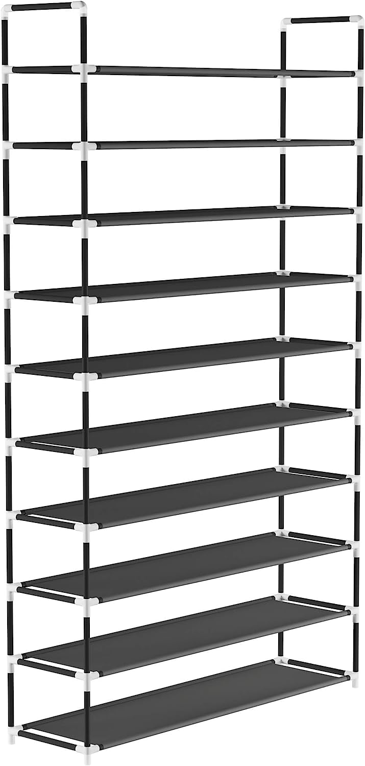 Black 10-Tier Metal and Fabric Shoe Rack
