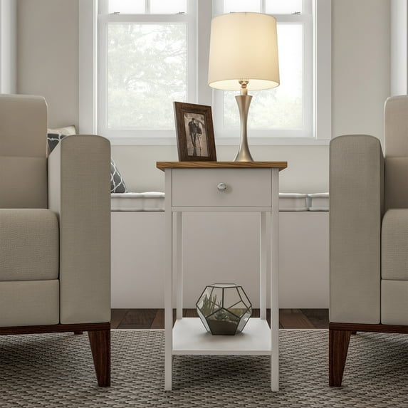 Lavish Home Small Side Table - Slim Nightstand with Drawer and Shelf, White