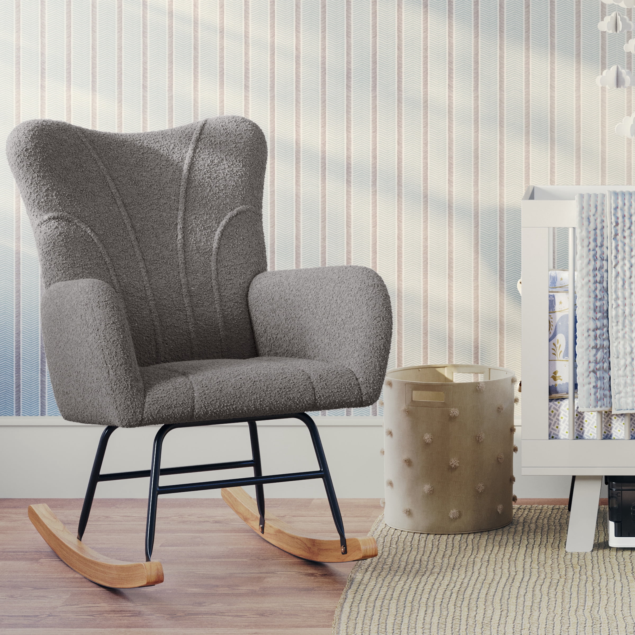 Lavish Home Teddy Upholstered Rocking Chair for Bedroom (Gray)