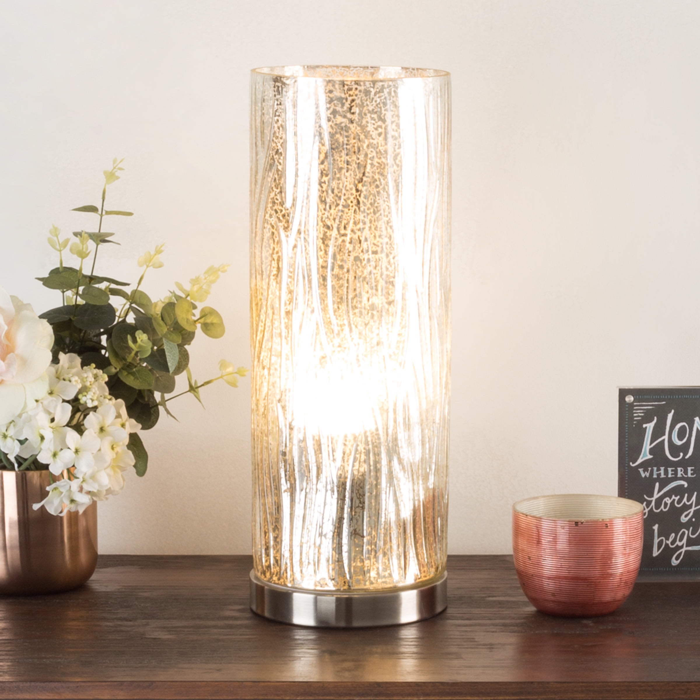 LED Uplight Table Lamp with Amber Glass Hand Painted Floral