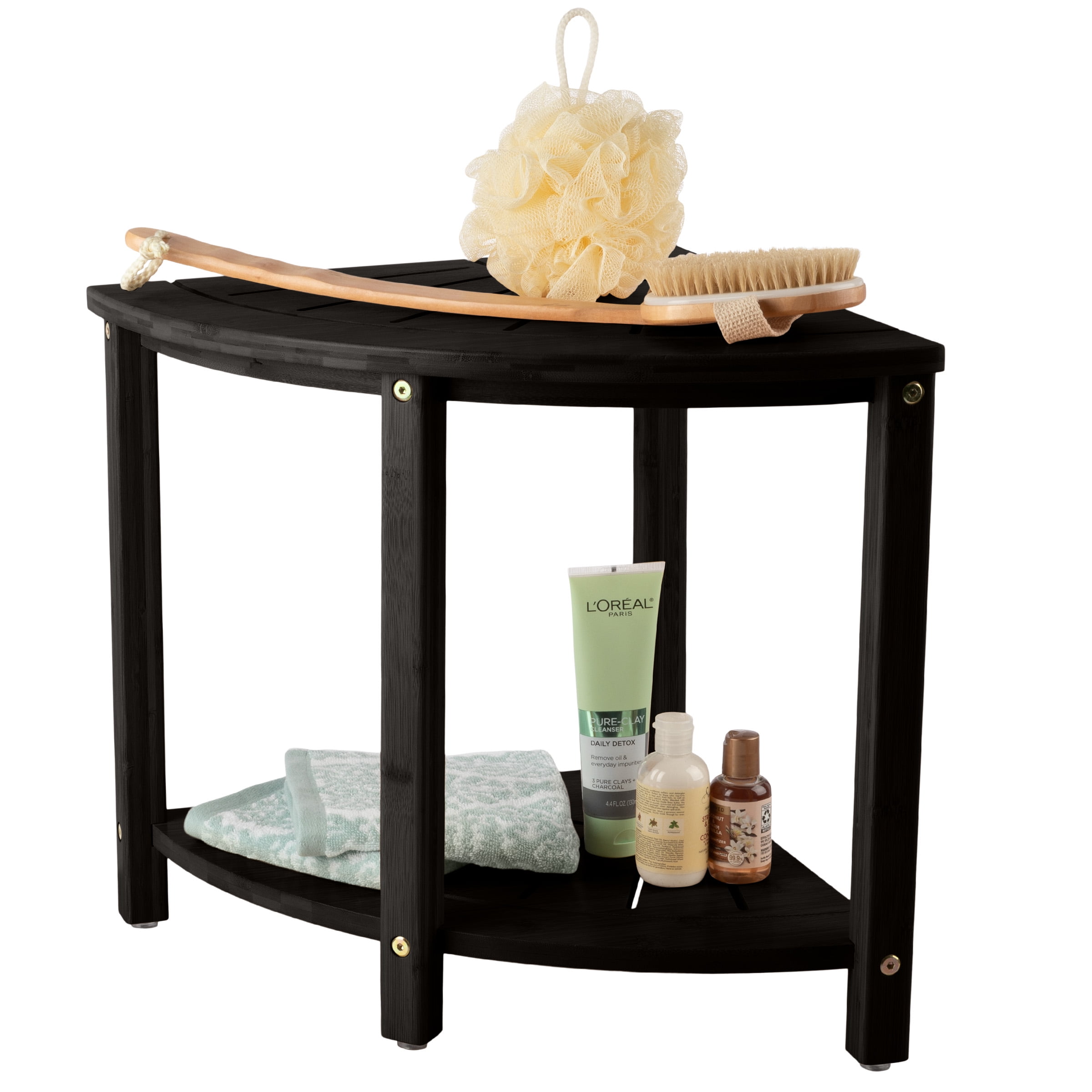 Lavish Home Corner Shower Bench, Black, Water Resistant, Bamboo Construction