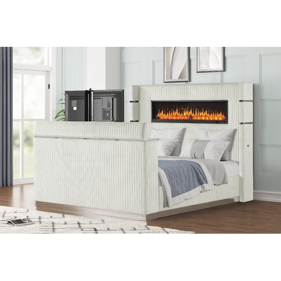 King Size Bed Boasting a Fireplace Headboard and a TV Stand Footboard (Beige, NJ Inventory)