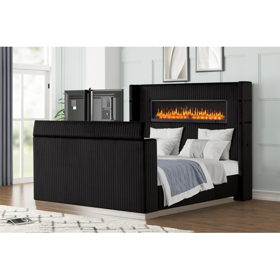 Lavish Modern Style King Bed with Fireplace and TV Stand made with Wood- Black