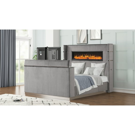 Lavish Modern Style King Bed with Fireplace and TV Stand made with Wood in Gray