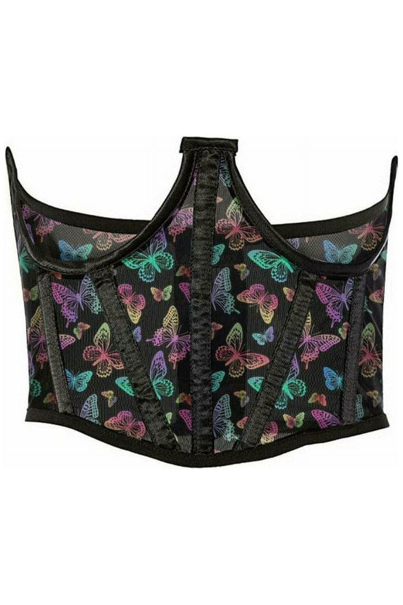 Lavish Neon Butterfly Print Mesh Open Cup Waist Cincher