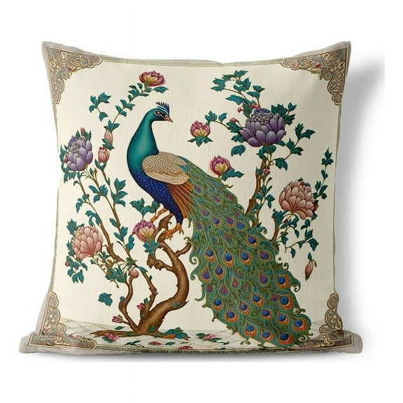 Lavish Peacock Indoor/Outdoor Pillow with Removable Cover in Beige 16x16