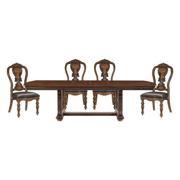 Lavish Style 5pc Dining Set Table w Leaves and 4x Side Chairs Dark Oak Finish Traditional Formal Dining Wooden Furniture