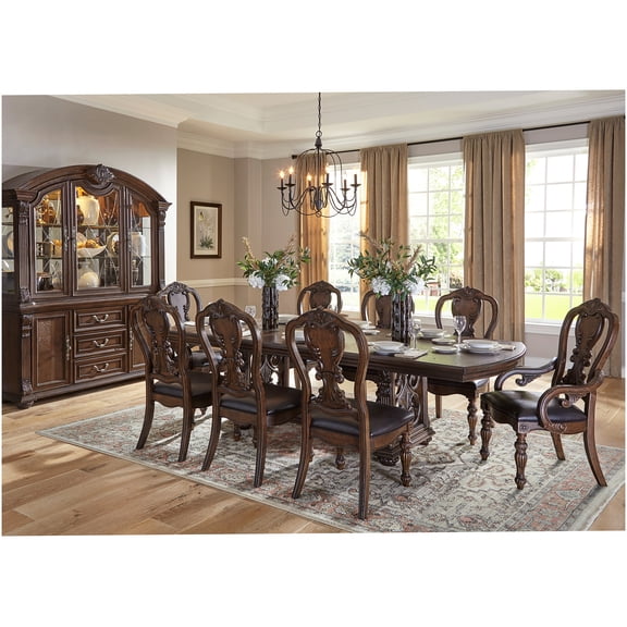 Lavish Style 9-Piece Formal Dining Set with Extension Leaf, Dark Oak Finish Table and 8 Faux Leather Chairs