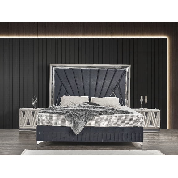Lavita Contemporary King Bed: With Poplar & MDF Construction, Velvet Finish, Hydraulic Lift Storage in Midnight Grey