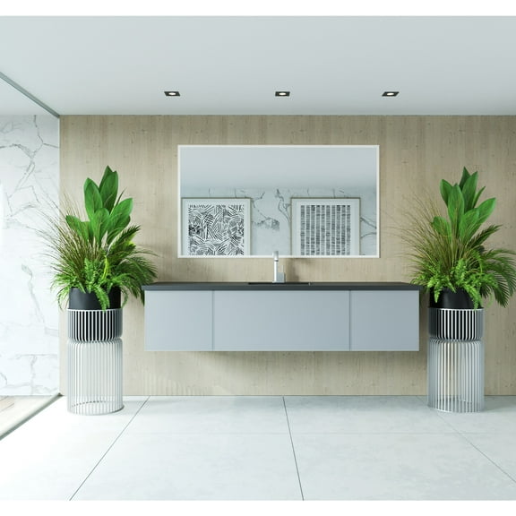 Laviva Vitri 72 - Fossil Grey Single Sink Cabinet + Matte Black VIVA Stone Solid Surface Center Sink Countertop
