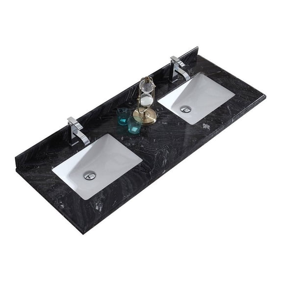 Forever 60" Single Hole Black Wood Marble Countertop with Double Rectangular Ceramic Sinks