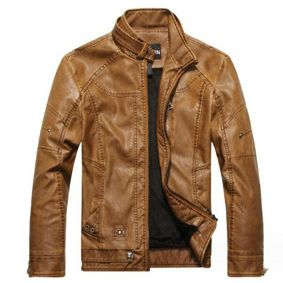 Lavnis Men Leather Jacket Winter Stand Collar Zipper Vintage Motorcycle Biker Autumn Coat Brown#2 M