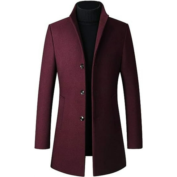 Lavnis Men Slim Fit Jacket Top Coat Mid-length Casual Woolen Warm Blend Winter Stand-collar Overcoat
