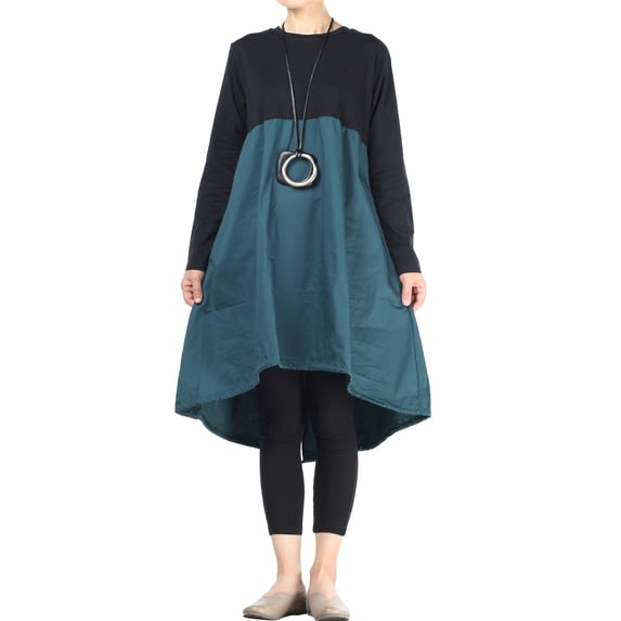 Lavnis Women's Long Sleeve Dress Smocked Empire Waist A-Line Casual Flowy Tunic Shirt Dresses With Pockets Blue L