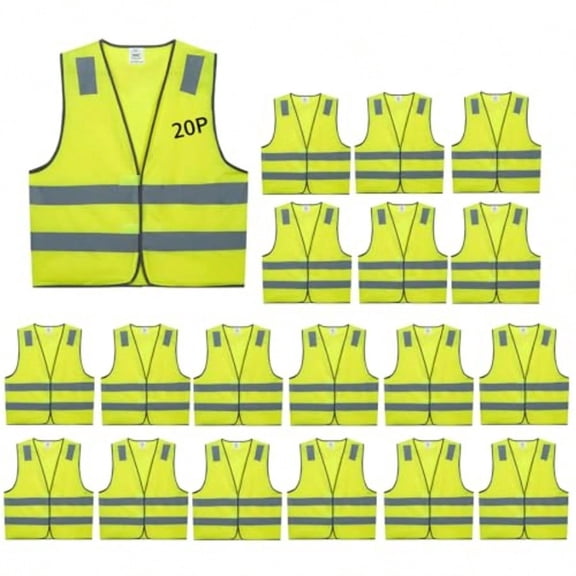 Lavori-AK Safety Vests 20 Pack Bulk - Yellow Reflective High Visibility Construction ANSI Class 2 Work Vests for MenWoman Hi Vis Mesh and Neon Sier Strip