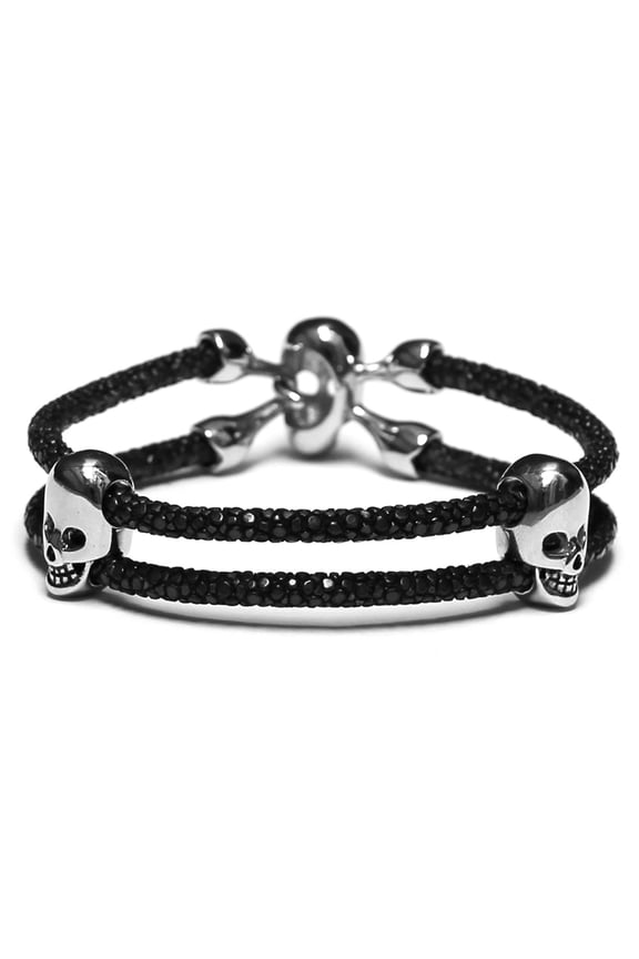 Lavriche Black Stingray and Stainless Steel Skull Bracelet