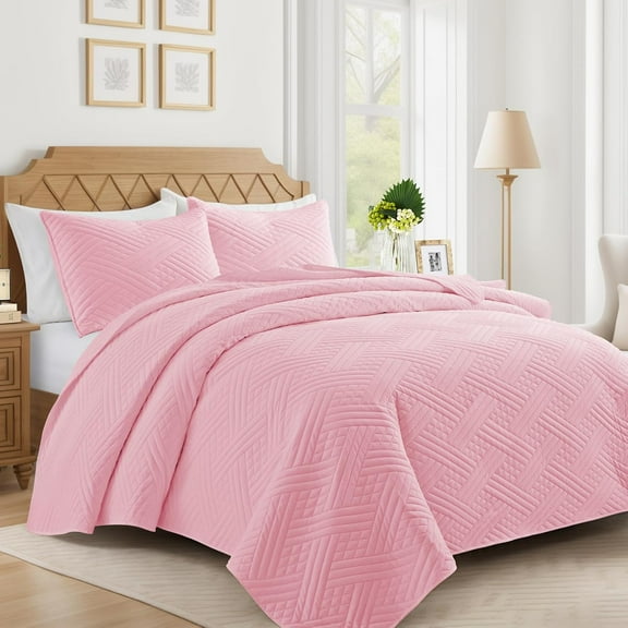 Lavsiry Pink Quilt Queen Size with Striped Pattern, Lightweight Soft Summer Thin Microfiber Bedspread & Coverlet Bedding Set for All Seasons - 3 Piece(1 Quilt, 2 Pillow Shams)