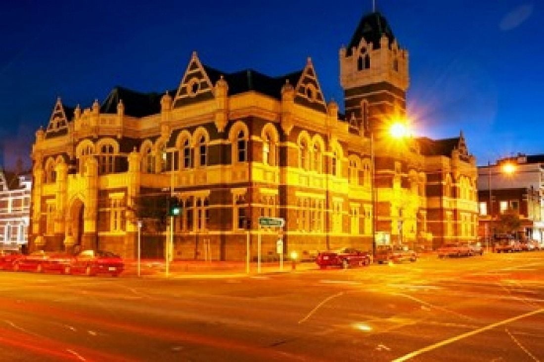 Law Courts at night Dunedin South Island New Zealand Canvas Art - David Wall DanitaDelimont (17 x 11)