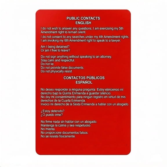 Law Enforcement Accessories, Public Rights Card, Spanish English Dictionary, 5Th Amendment 4Th Amendment 6Th Amendment Rights Reference, 6X4 Inch Portable Legal Reminder Printed