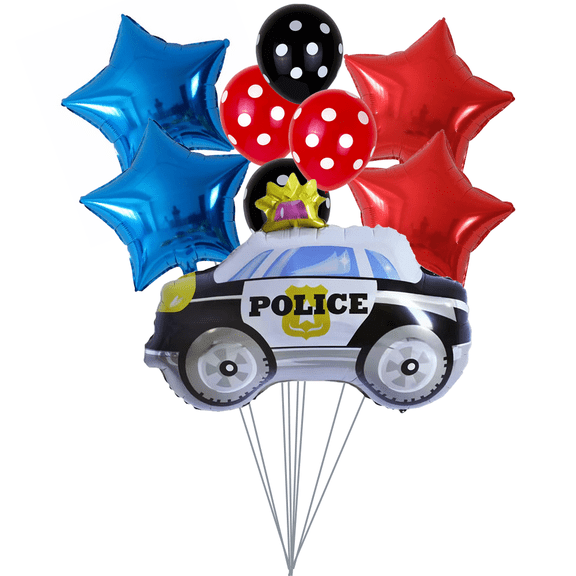Law Enforcement Inspired Balloon Bouquet Featuring Large Shaped Police Car Balloon, Polka Dot Latex Balloons and Blue & Red Star Balloons - Perfect for Themed Parties